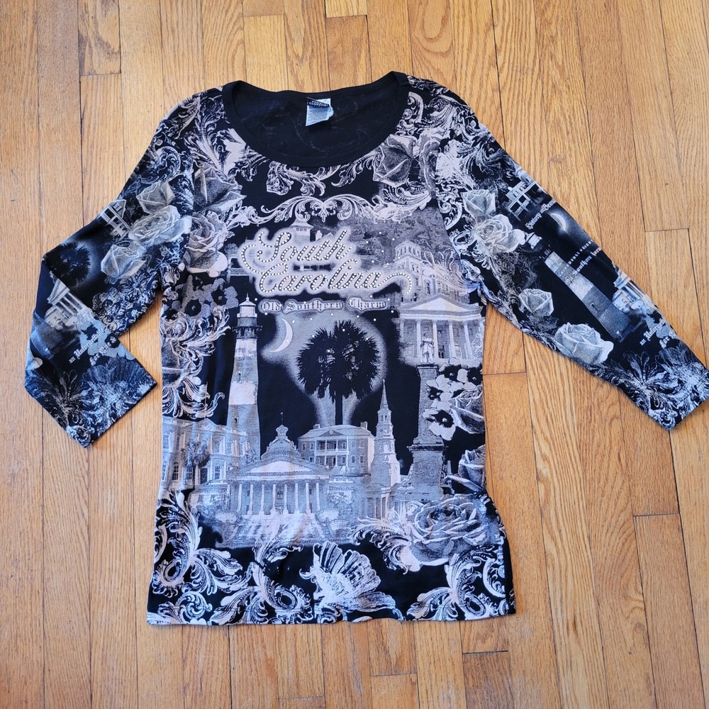 Vintage Retro 90s Bling South Carolina Top Shirt L Black Grey Comfort Stretch